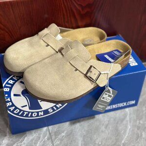Birkenstock Boston taupe suede mule clogs